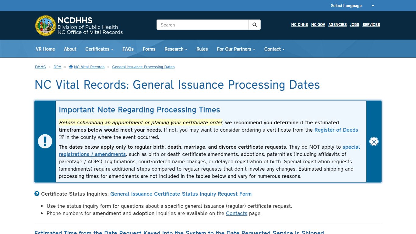 NC Vital Records: General Issuance Processing Dates